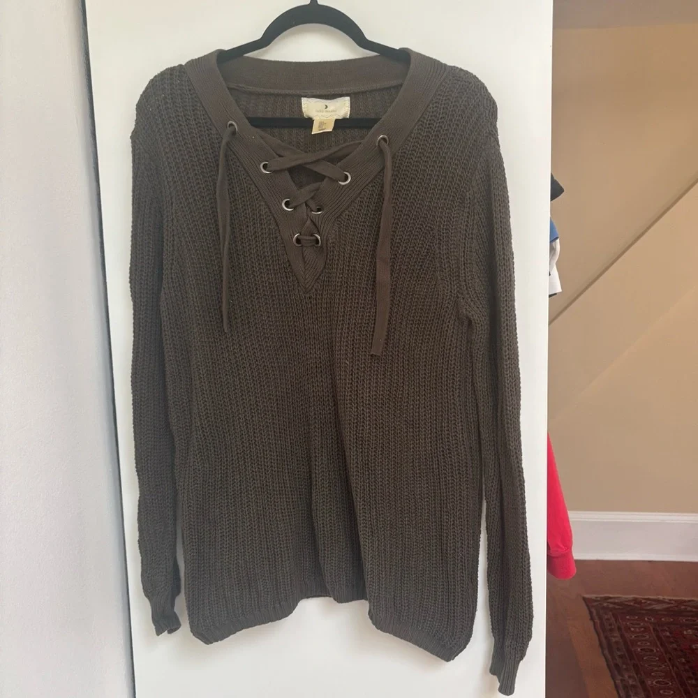 Ruby Moon Dark Green V-Neck Sweater with Lace-Up Detail